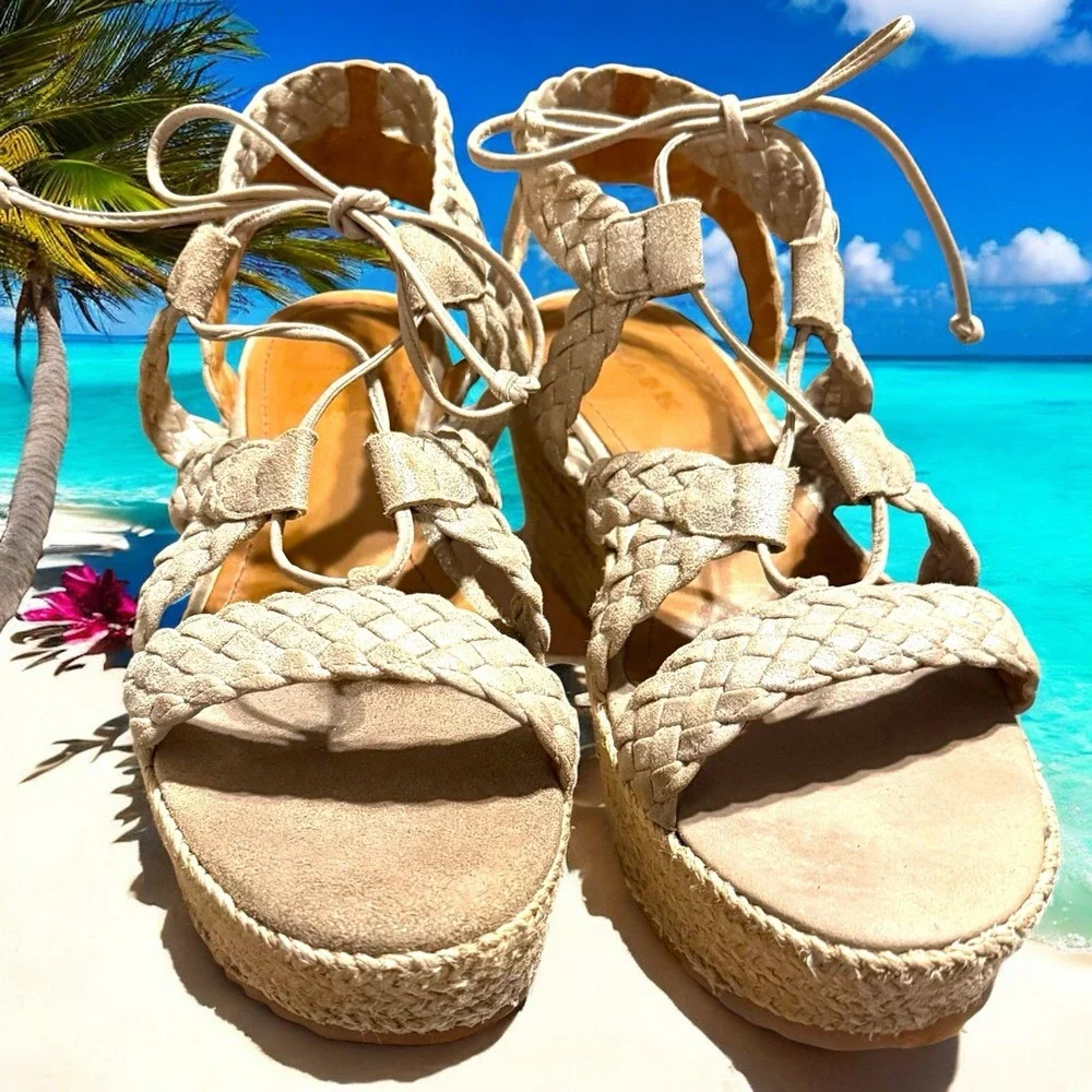 Trask Patrice Braided Wedge Platform Sandals Gold Shimmer‎ Size 9 Coastal Boho